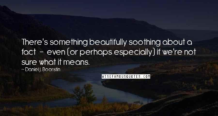 Daniel J. Boorstin Quotes: There's something beautifully soothing about a fact  -  even (or perhaps especially) if we're not sure what it means.