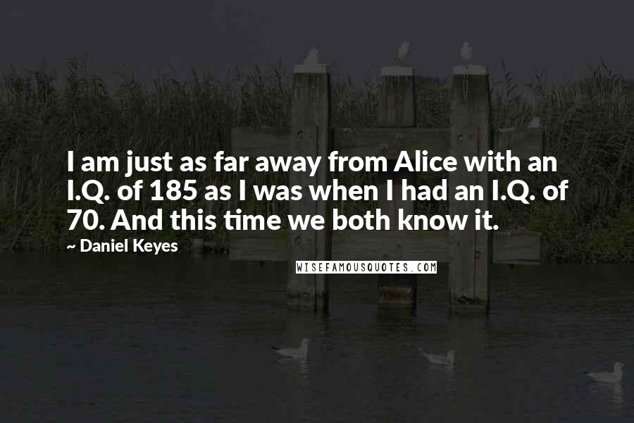 Daniel Keyes Quotes: I am just as far away from Alice with an I.Q. of 185 as I was when I had an I.Q. of 70. And this time we both know it.