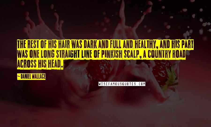 Daniel Wallace Quotes: The rest of his hair was dark and full and healthy, and his part was one long straight line of pinkish scalp, a country road across his head.