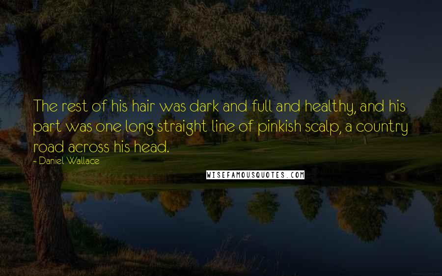 Daniel Wallace Quotes: The rest of his hair was dark and full and healthy, and his part was one long straight line of pinkish scalp, a country road across his head.