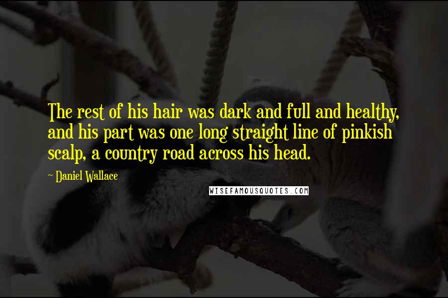 Daniel Wallace Quotes: The rest of his hair was dark and full and healthy, and his part was one long straight line of pinkish scalp, a country road across his head.