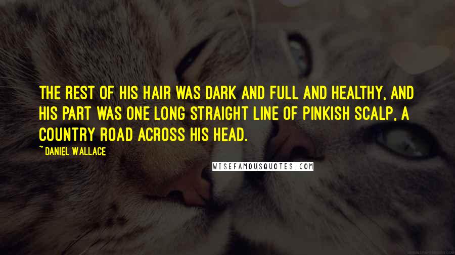Daniel Wallace Quotes: The rest of his hair was dark and full and healthy, and his part was one long straight line of pinkish scalp, a country road across his head.