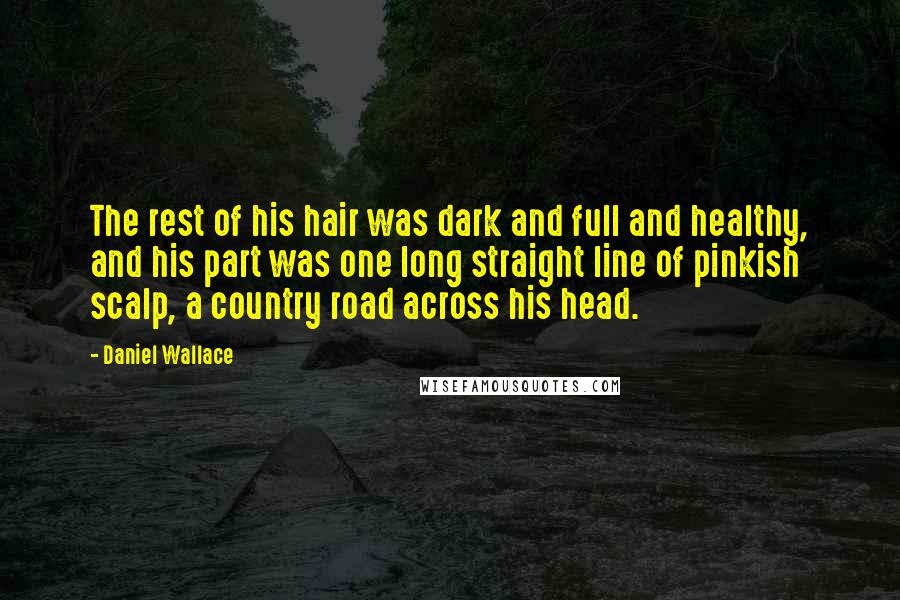Daniel Wallace Quotes: The rest of his hair was dark and full and healthy, and his part was one long straight line of pinkish scalp, a country road across his head.