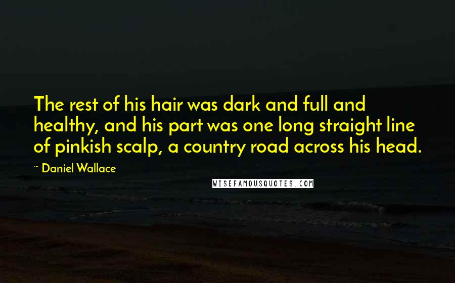 Daniel Wallace Quotes: The rest of his hair was dark and full and healthy, and his part was one long straight line of pinkish scalp, a country road across his head.