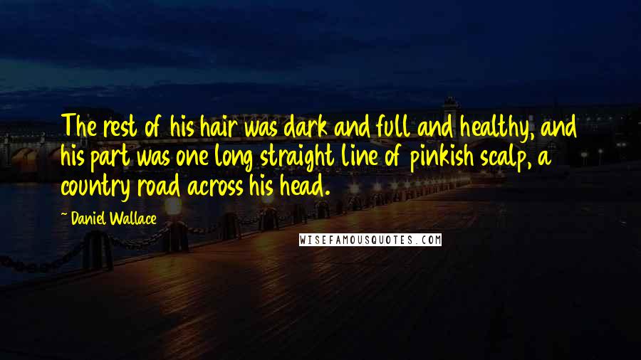 Daniel Wallace Quotes: The rest of his hair was dark and full and healthy, and his part was one long straight line of pinkish scalp, a country road across his head.