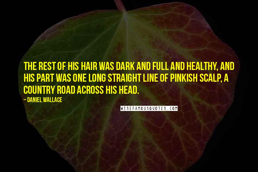 Daniel Wallace Quotes: The rest of his hair was dark and full and healthy, and his part was one long straight line of pinkish scalp, a country road across his head.