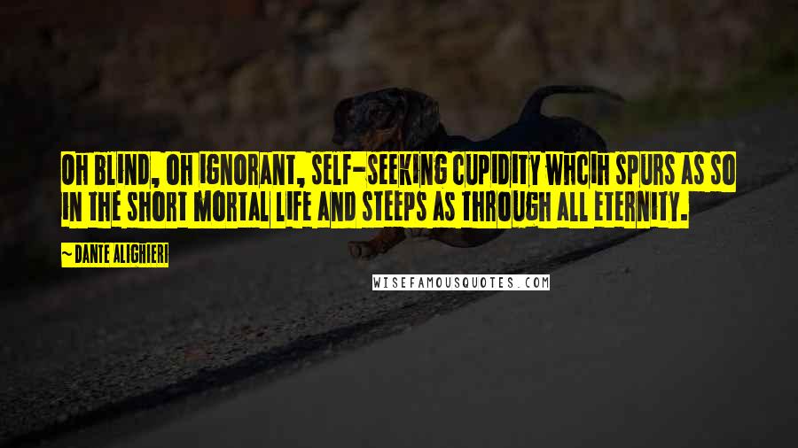 Dante Alighieri Quotes: Oh blind, oh ignorant, self-seeking cupidity whcih spurs as so in the short mortal life and steeps as through all eternity.