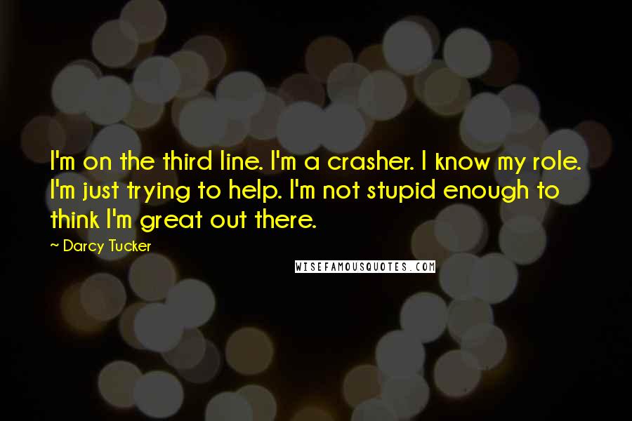 Darcy Tucker Quotes: I'm on the third line. I'm a crasher. I know my role. I'm just trying to help. I'm not stupid enough to think I'm great out there.