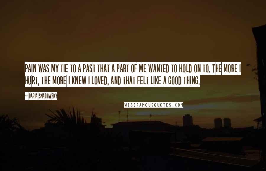 Daria Snadowsky Quotes: Pain was my tie to a past that a part of me wanted to hold on to. The more I hurt, the more I knew I loved, and that felt like a good thing.