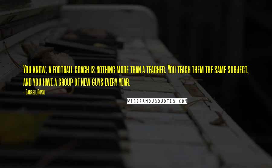 Darrell Royal Quotes: You know, a football coach is nothing more than a teacher. You teach them the same subject, and you have a group of new guys every year.