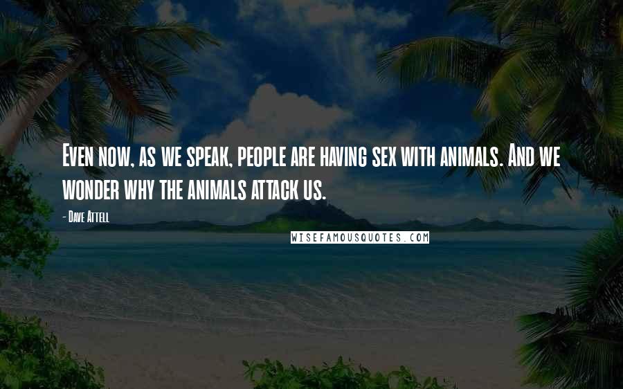 Dave Attell Quotes: Even now, as we speak, people are having sex with animals. And we wonder why the animals attack us.