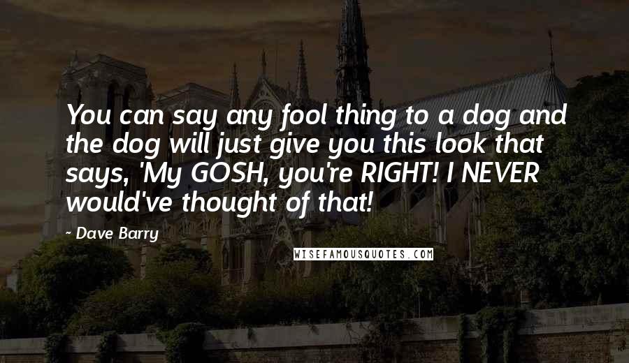 Dave Barry Quotes: You can say any fool thing to a dog and the dog will just give you this look that says, 'My GOSH, you're RIGHT! I NEVER would've thought of that!