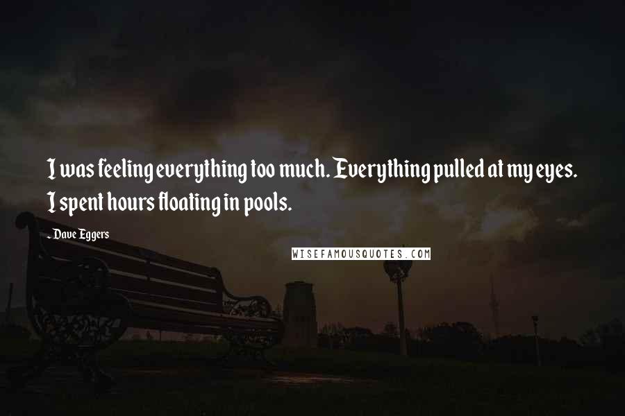 Dave Eggers Quotes: I was feeling everything too much. Everything pulled at my eyes. I spent hours floating in pools.