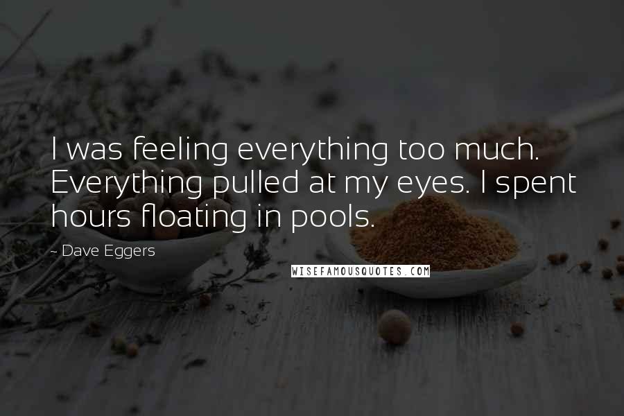 Dave Eggers Quotes: I was feeling everything too much. Everything pulled at my eyes. I spent hours floating in pools.