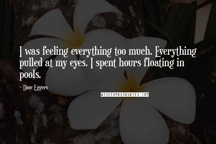 Dave Eggers Quotes: I was feeling everything too much. Everything pulled at my eyes. I spent hours floating in pools.