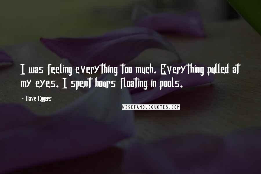 Dave Eggers Quotes: I was feeling everything too much. Everything pulled at my eyes. I spent hours floating in pools.