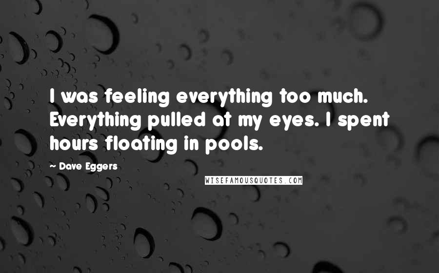 Dave Eggers Quotes: I was feeling everything too much. Everything pulled at my eyes. I spent hours floating in pools.