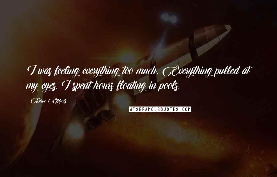 Dave Eggers Quotes: I was feeling everything too much. Everything pulled at my eyes. I spent hours floating in pools.