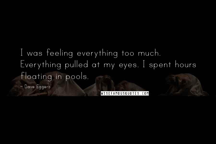 Dave Eggers Quotes: I was feeling everything too much. Everything pulled at my eyes. I spent hours floating in pools.