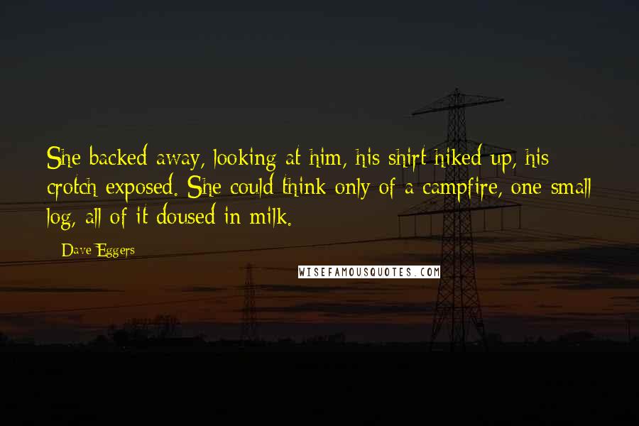 Dave Eggers Quotes: She backed away, looking at him, his shirt hiked up, his crotch exposed. She could think only of a campfire, one small log, all of it doused in milk.