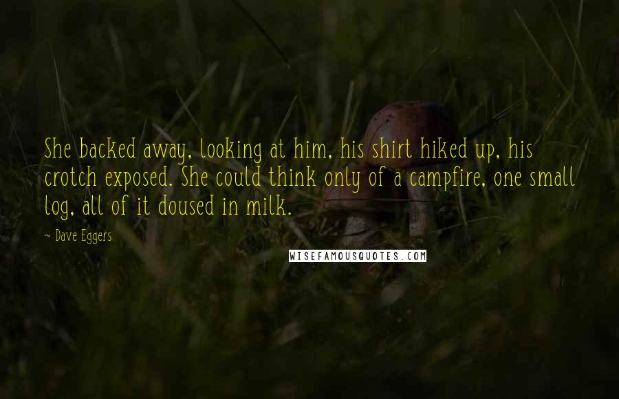 Dave Eggers Quotes: She backed away, looking at him, his shirt hiked up, his crotch exposed. She could think only of a campfire, one small log, all of it doused in milk.