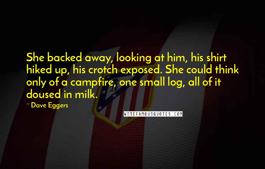 Dave Eggers Quotes: She backed away, looking at him, his shirt hiked up, his crotch exposed. She could think only of a campfire, one small log, all of it doused in milk.