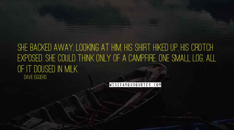 Dave Eggers Quotes: She backed away, looking at him, his shirt hiked up, his crotch exposed. She could think only of a campfire, one small log, all of it doused in milk.