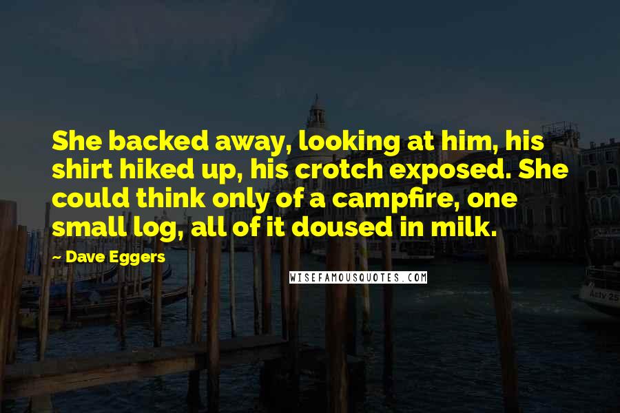 Dave Eggers Quotes: She backed away, looking at him, his shirt hiked up, his crotch exposed. She could think only of a campfire, one small log, all of it doused in milk.