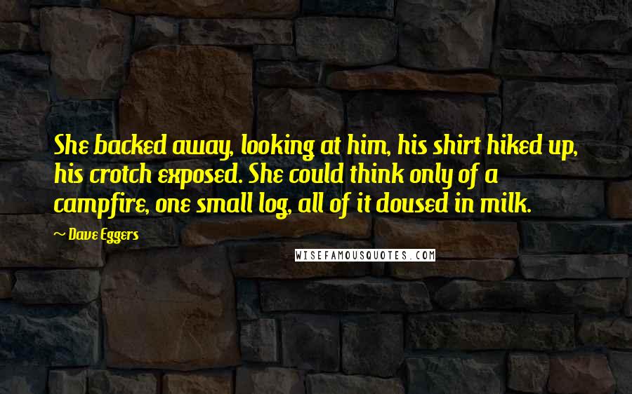 Dave Eggers Quotes: She backed away, looking at him, his shirt hiked up, his crotch exposed. She could think only of a campfire, one small log, all of it doused in milk.