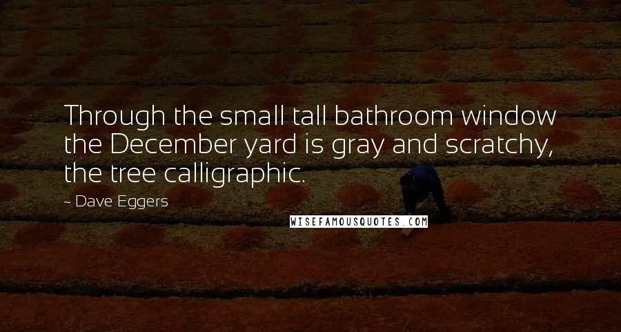 Dave Eggers Quotes: Through the small tall bathroom window the December yard is gray and scratchy, the tree calligraphic.