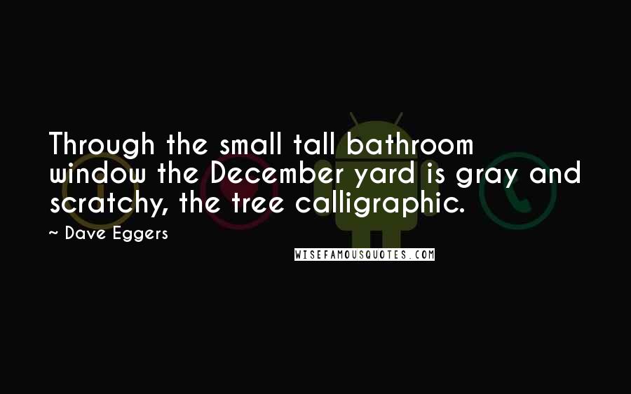 Dave Eggers Quotes: Through the small tall bathroom window the December yard is gray and scratchy, the tree calligraphic.