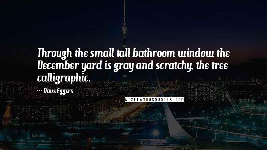 Dave Eggers Quotes: Through the small tall bathroom window the December yard is gray and scratchy, the tree calligraphic.