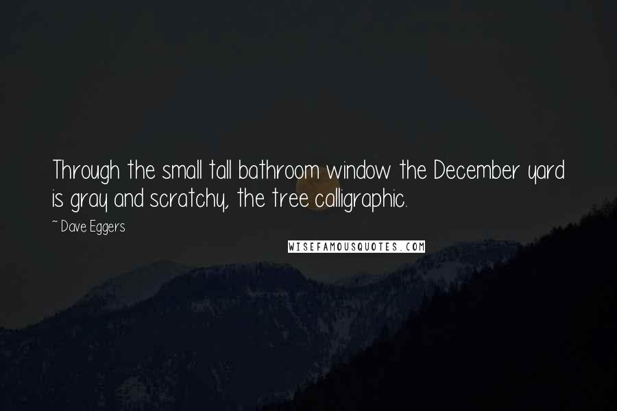 Dave Eggers Quotes: Through the small tall bathroom window the December yard is gray and scratchy, the tree calligraphic.