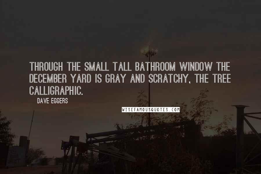 Dave Eggers Quotes: Through the small tall bathroom window the December yard is gray and scratchy, the tree calligraphic.