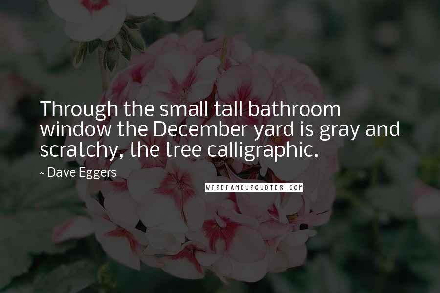 Dave Eggers Quotes: Through the small tall bathroom window the December yard is gray and scratchy, the tree calligraphic.