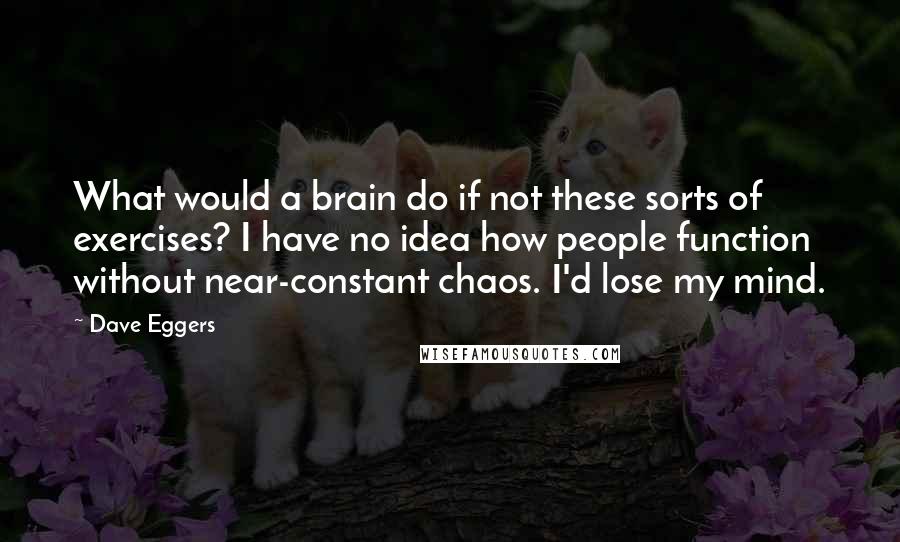 Dave Eggers Quotes: What would a brain do if not these sorts of exercises? I have no idea how people function without near-constant chaos. I'd lose my mind.