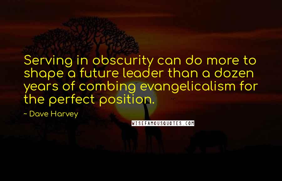 Dave Harvey Quotes: Serving in obscurity can do more to shape a future leader than a dozen years of combing evangelicalism for the perfect position.