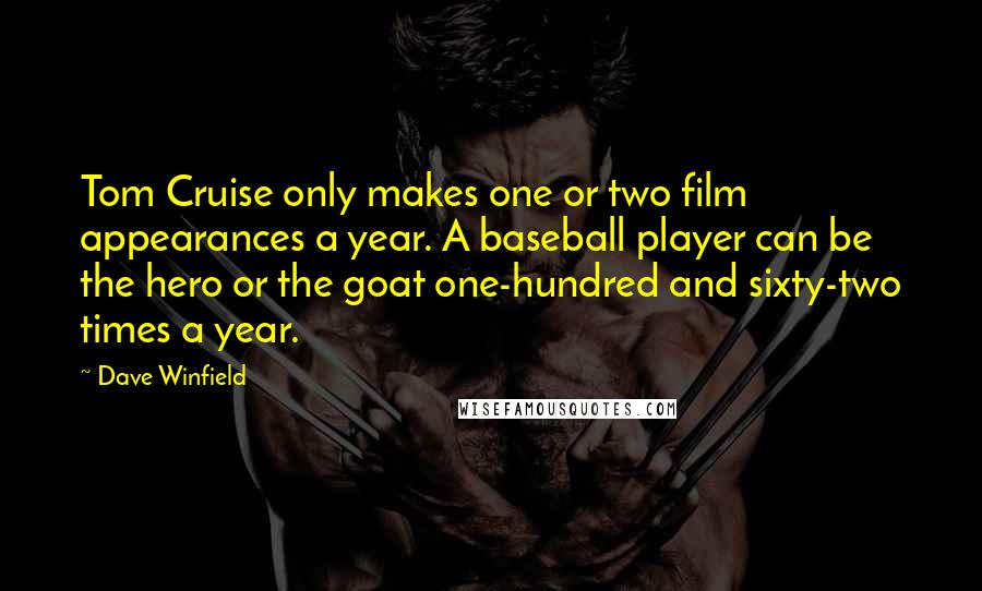 Dave Winfield Quotes: Tom Cruise only makes one or two film appearances a year. A baseball player can be the hero or the goat one-hundred and sixty-two times a year.