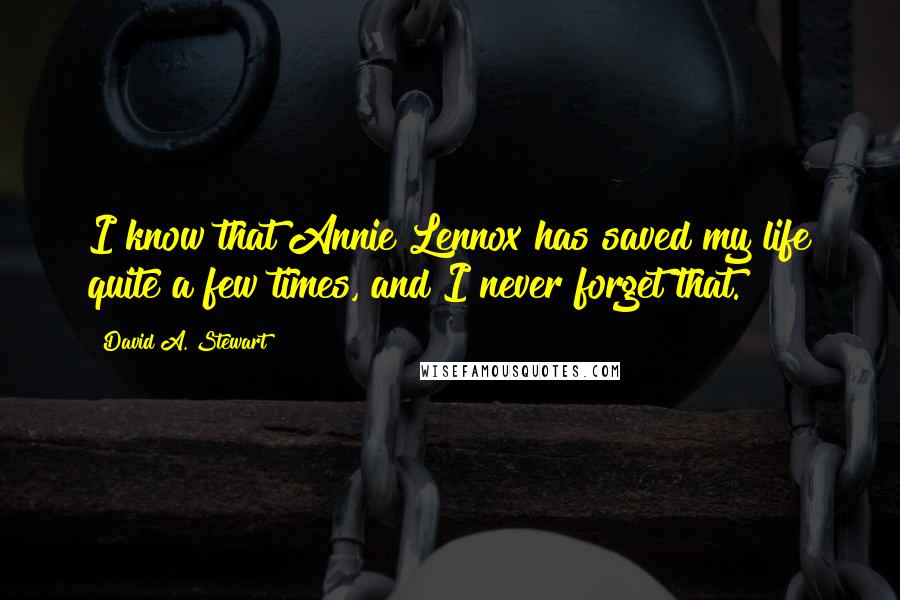 David A. Stewart Quotes: I know that Annie Lennox has saved my life quite a few times, and I never forget that.