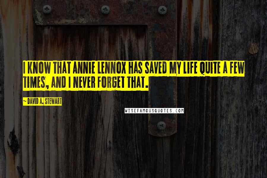 David A. Stewart Quotes: I know that Annie Lennox has saved my life quite a few times, and I never forget that.