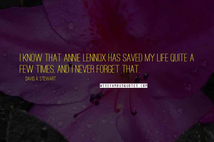 David A. Stewart Quotes: I know that Annie Lennox has saved my life quite a few times, and I never forget that.