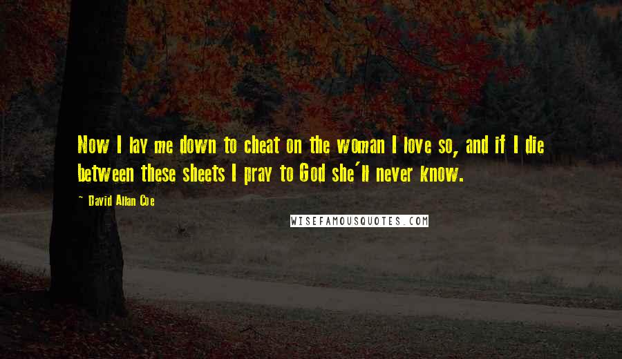 David Allan Coe Quotes: Now I lay me down to cheat on the woman I love so, and if I die between these sheets I pray to God she'll never know.