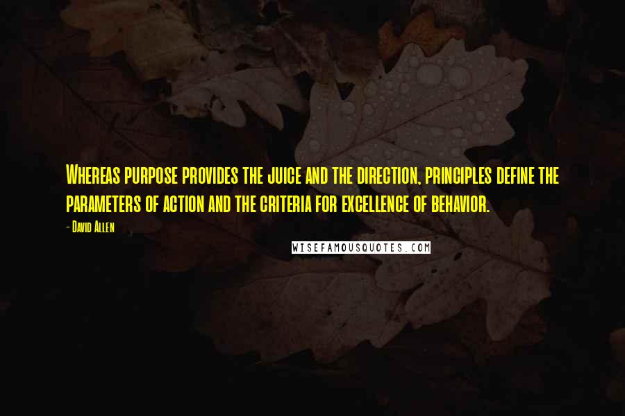 David Allen Quotes: Whereas purpose provides the juice and the direction, principles define the parameters of action and the criteria for excellence of behavior.