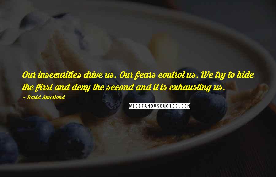 David Amerland Quotes: Our insecurities drive us. Our fears control us. We try to hide the first and deny the second and it is exhausting us.