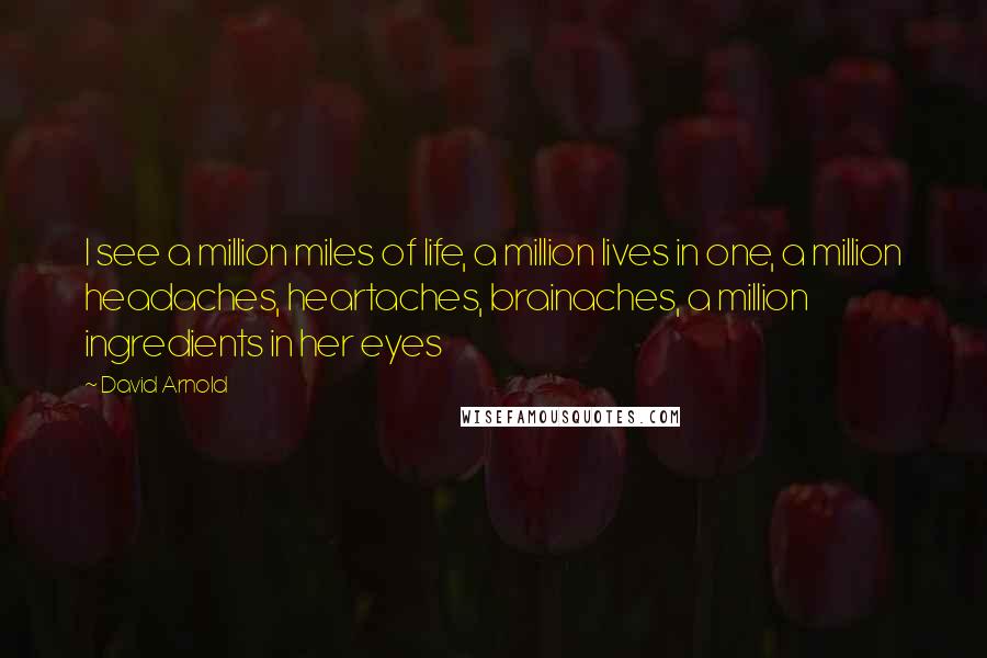 David Arnold Quotes: I see a million miles of life, a million lives in one, a million headaches, heartaches, brainaches, a million ingredients in her eyes