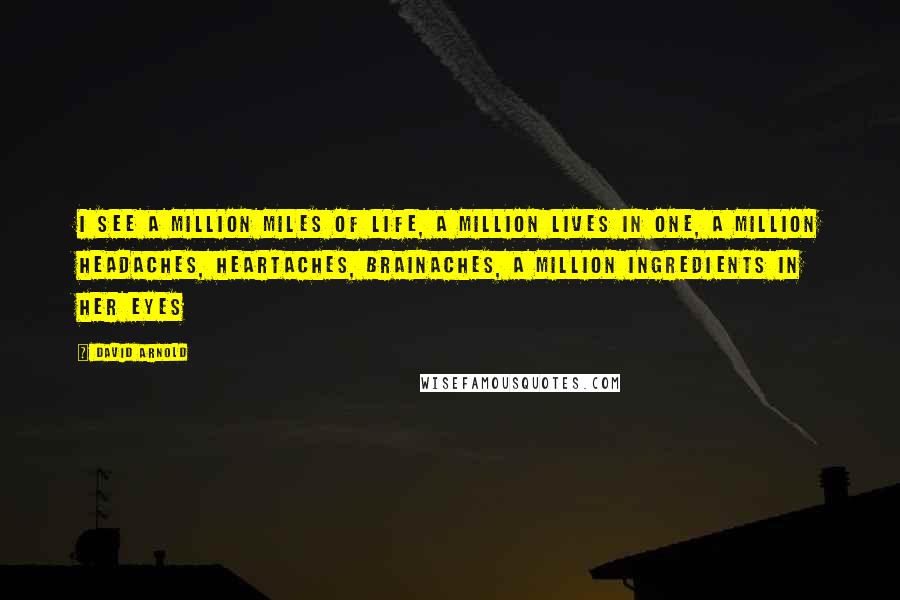 David Arnold Quotes: I see a million miles of life, a million lives in one, a million headaches, heartaches, brainaches, a million ingredients in her eyes