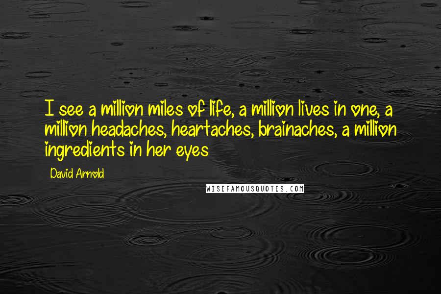 David Arnold Quotes: I see a million miles of life, a million lives in one, a million headaches, heartaches, brainaches, a million ingredients in her eyes