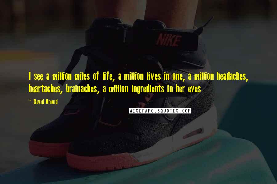 David Arnold Quotes: I see a million miles of life, a million lives in one, a million headaches, heartaches, brainaches, a million ingredients in her eyes