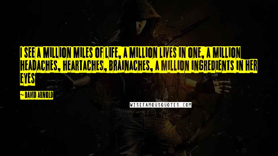 David Arnold Quotes: I see a million miles of life, a million lives in one, a million headaches, heartaches, brainaches, a million ingredients in her eyes