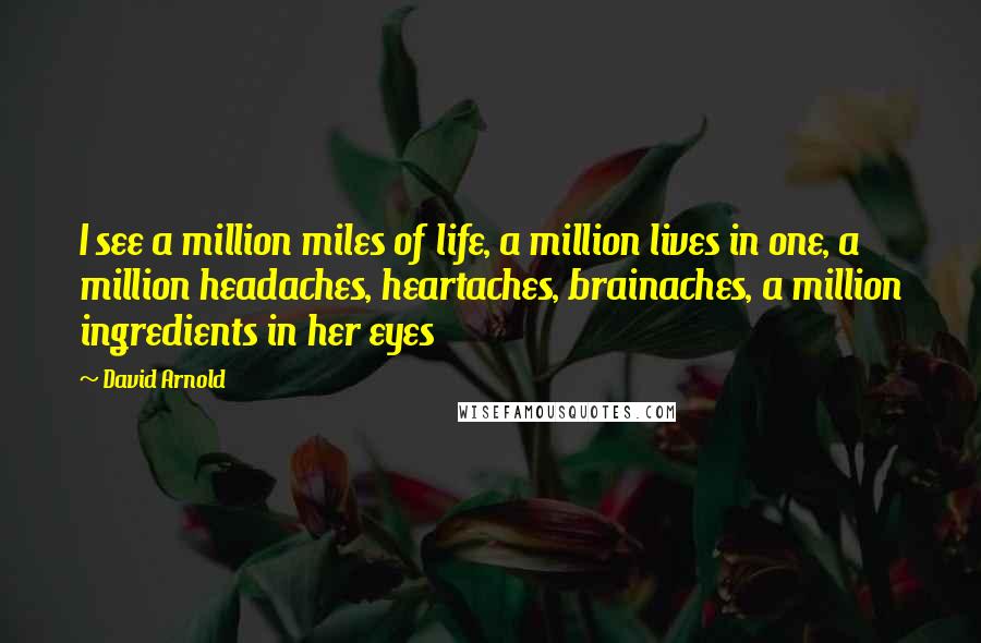 David Arnold Quotes: I see a million miles of life, a million lives in one, a million headaches, heartaches, brainaches, a million ingredients in her eyes